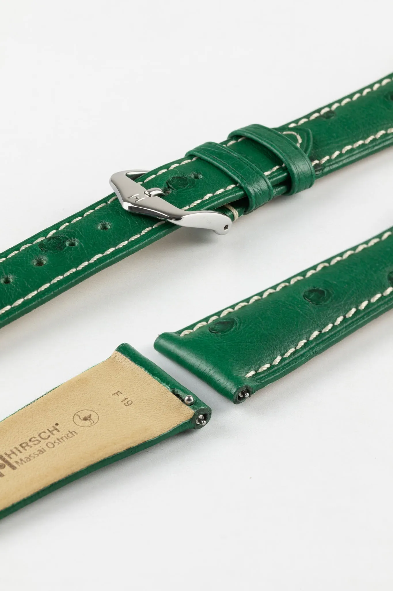 Hirsch MASSAI OSTRICH Leather Watch Strap in GREEN With WHITE Stitching