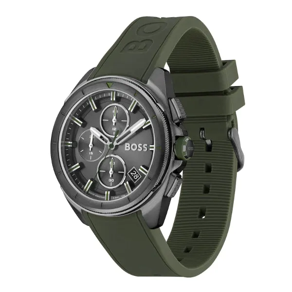 HUGO BOSS Volane Green Silicone Strap Grey Dial Chronograph Quartz Watch for Gents - 1513952