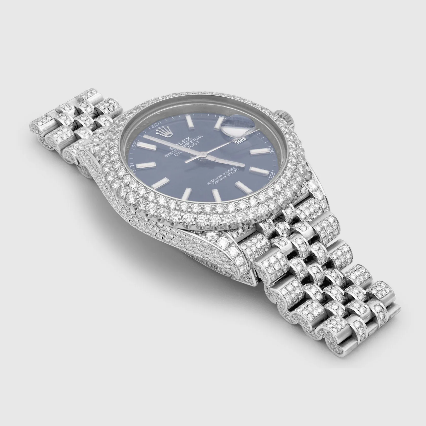Iced Out Rolex DateJust 41mm Stainless Steel Blue Dial Watch