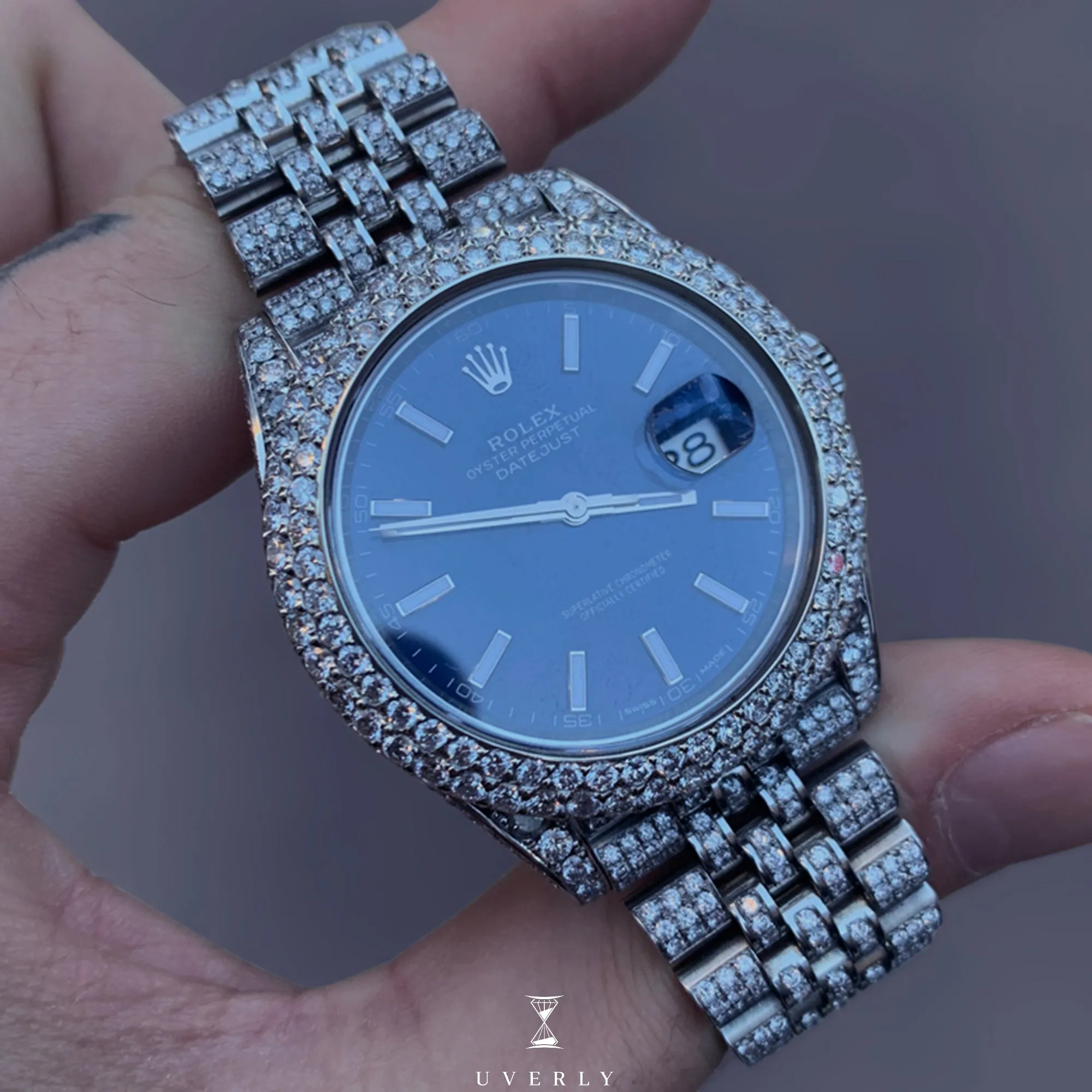 Iced Out Rolex DateJust 41mm Stainless Steel Blue Dial Watch