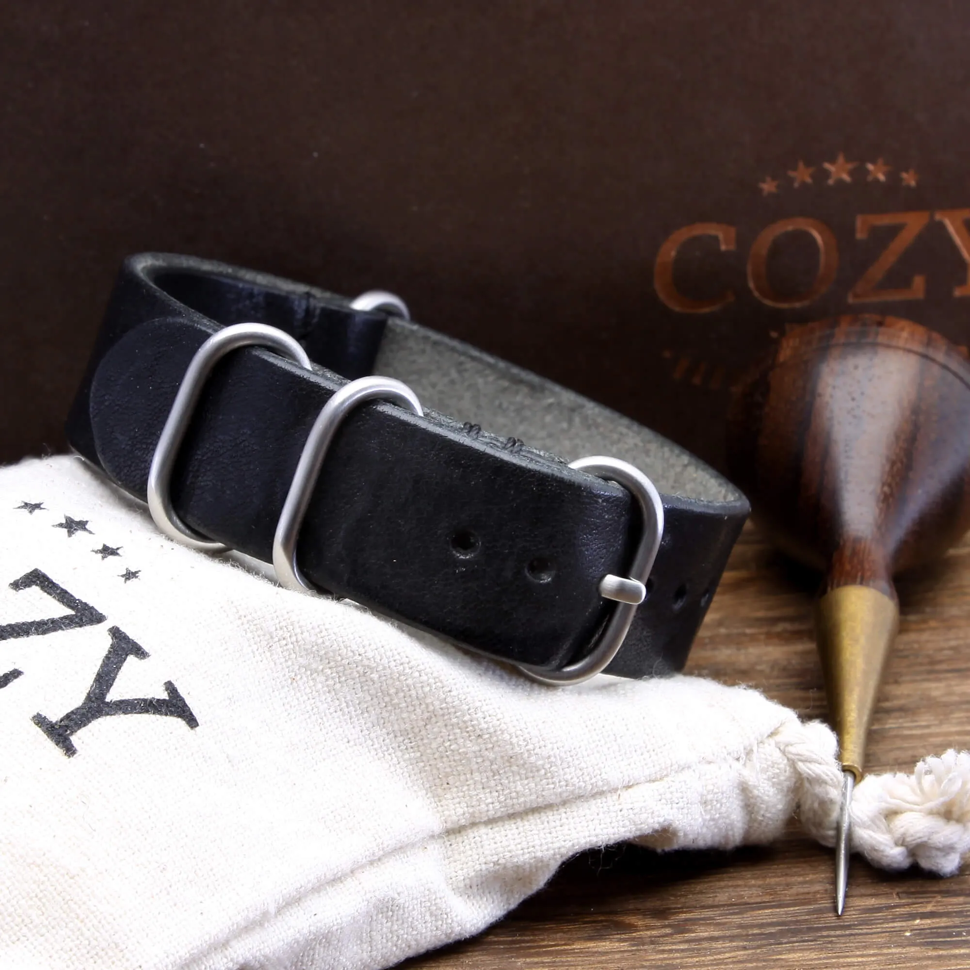 Leather Watch Strap, 4-Ring Vintage NERO (Black)