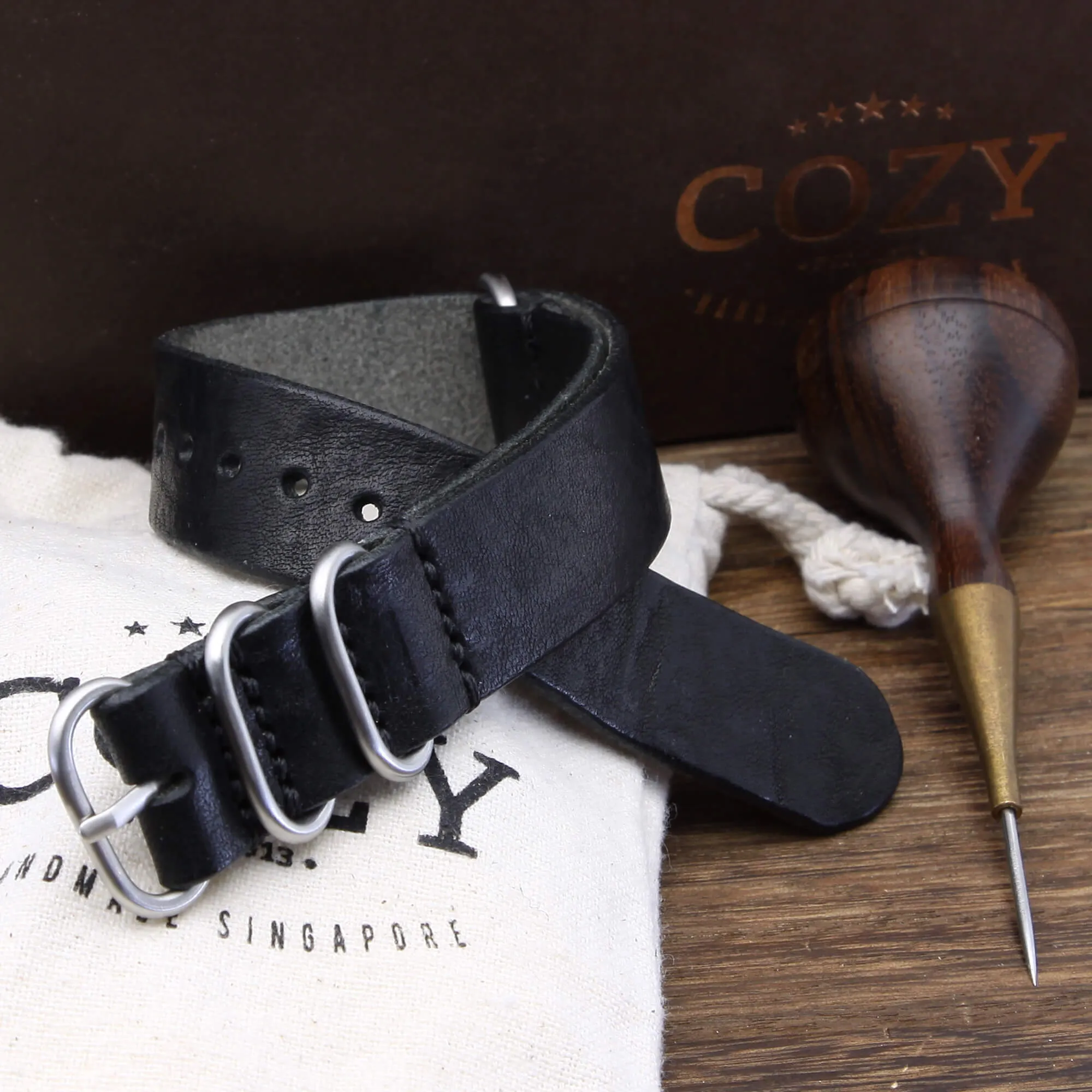 Leather Watch Strap, 4-Ring Vintage NERO (Black)