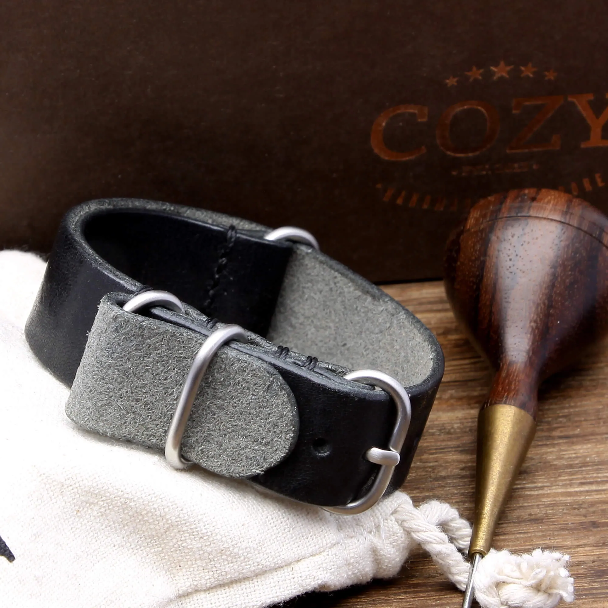Leather Watch Strap, 4-Ring Vintage NERO (Black)