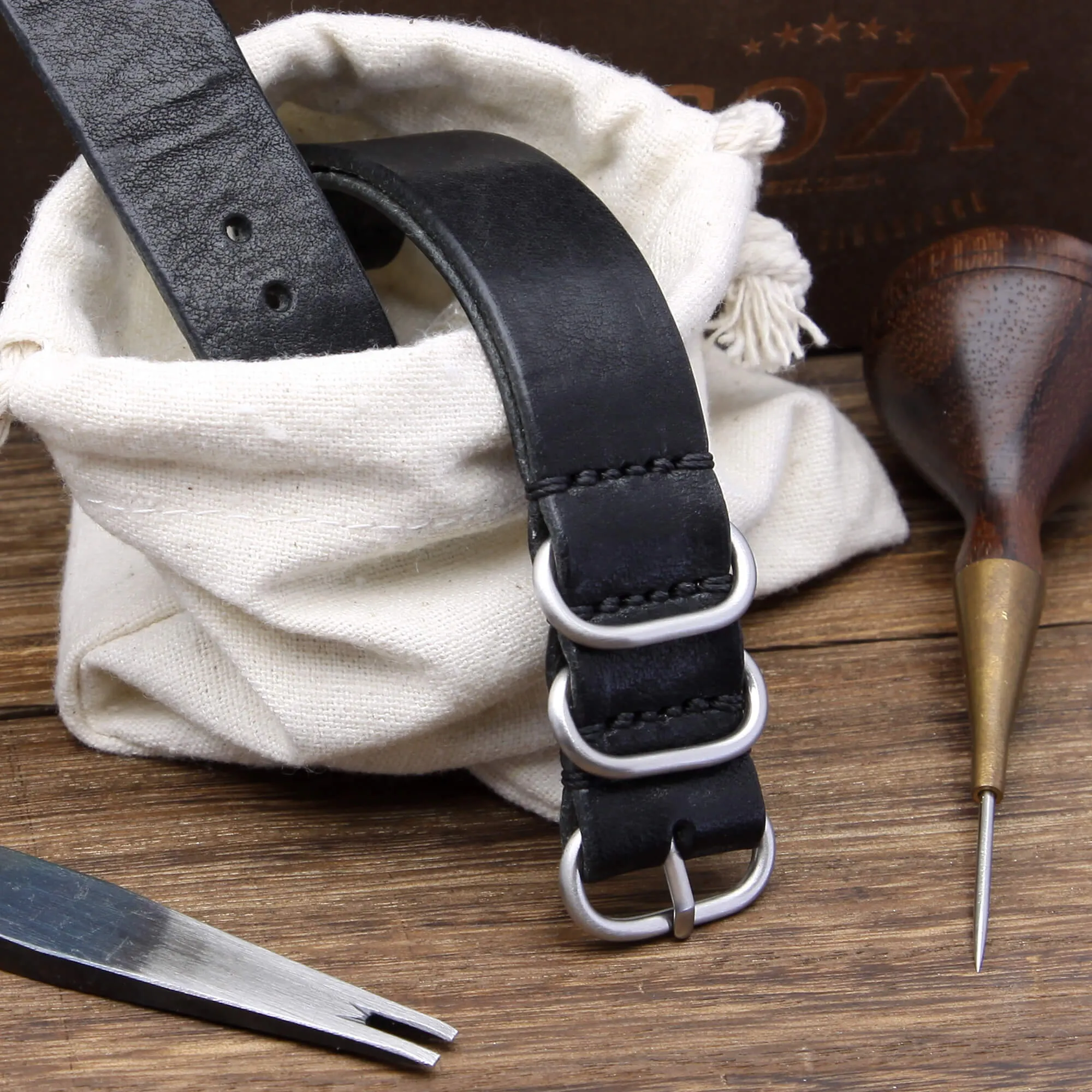 Leather Watch Strap, 4-Ring Vintage NERO (Black)