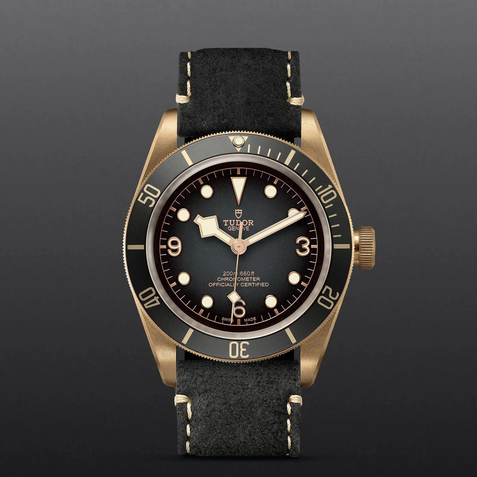 M79250BA-0001 Tudor 43mm Black Bay Bronze with a Unidirectional Rotatable Bronze Bezel, Slate Dial And Dark Grey Leather Strap.