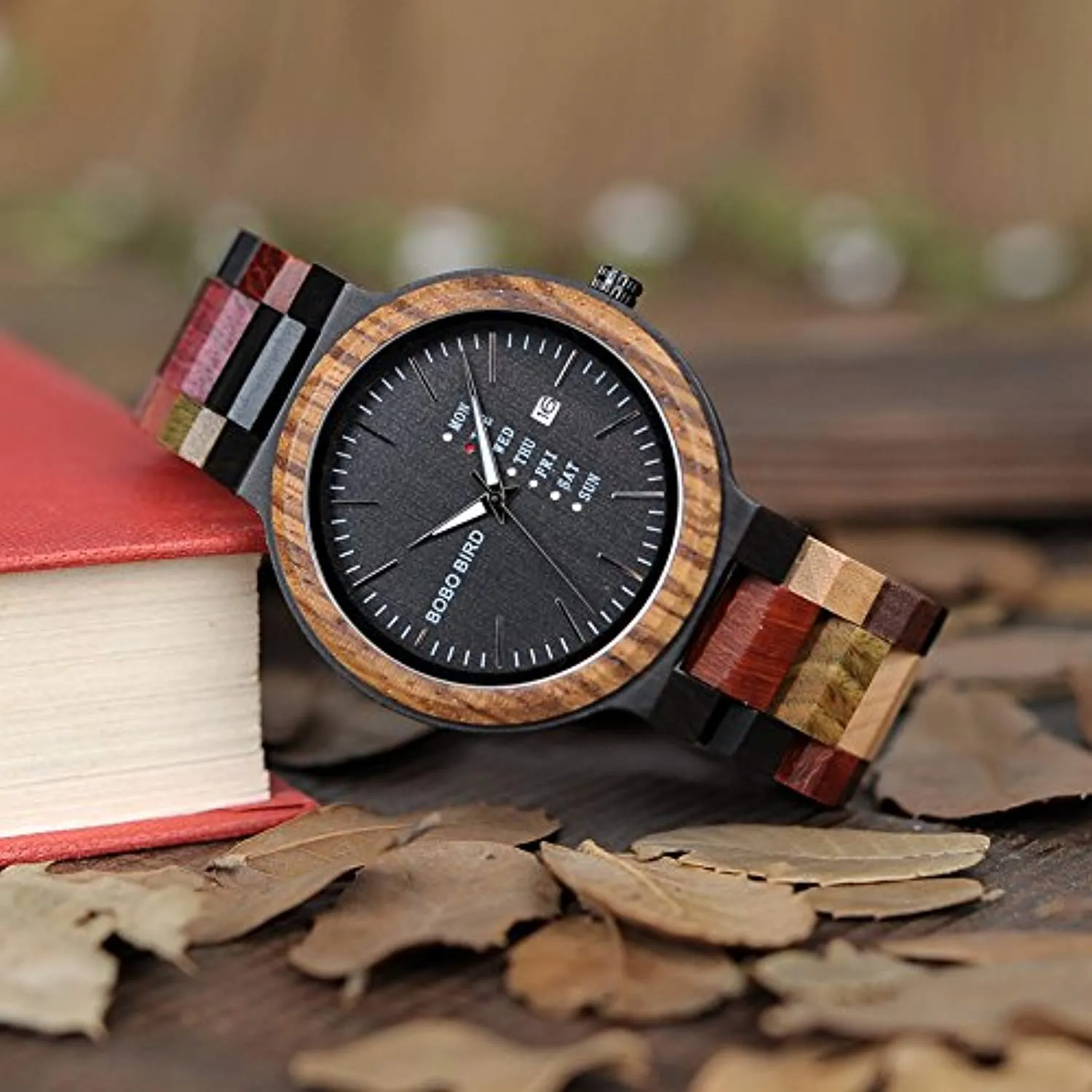 Men's Colorful Wooden Watch, Week & Date Display Quartz Watches Handmade Casual Wood Wrist Watch