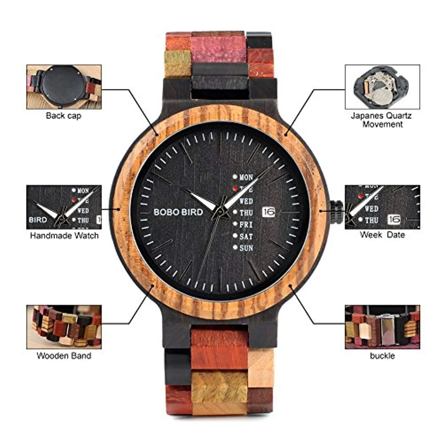 Men's Colorful Wooden Watch, Week & Date Display Quartz Watches Handmade Casual Wood Wrist Watch