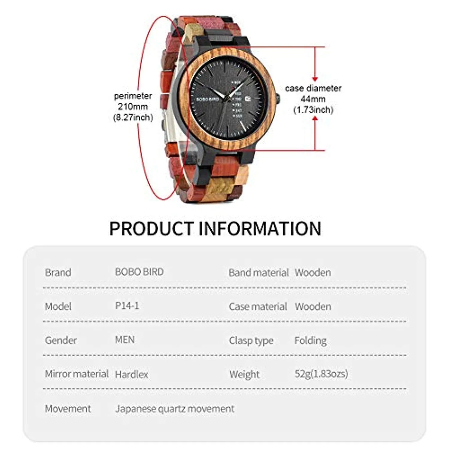 Men's Colorful Wooden Watch, Week & Date Display Quartz Watches Handmade Casual Wood Wrist Watch
