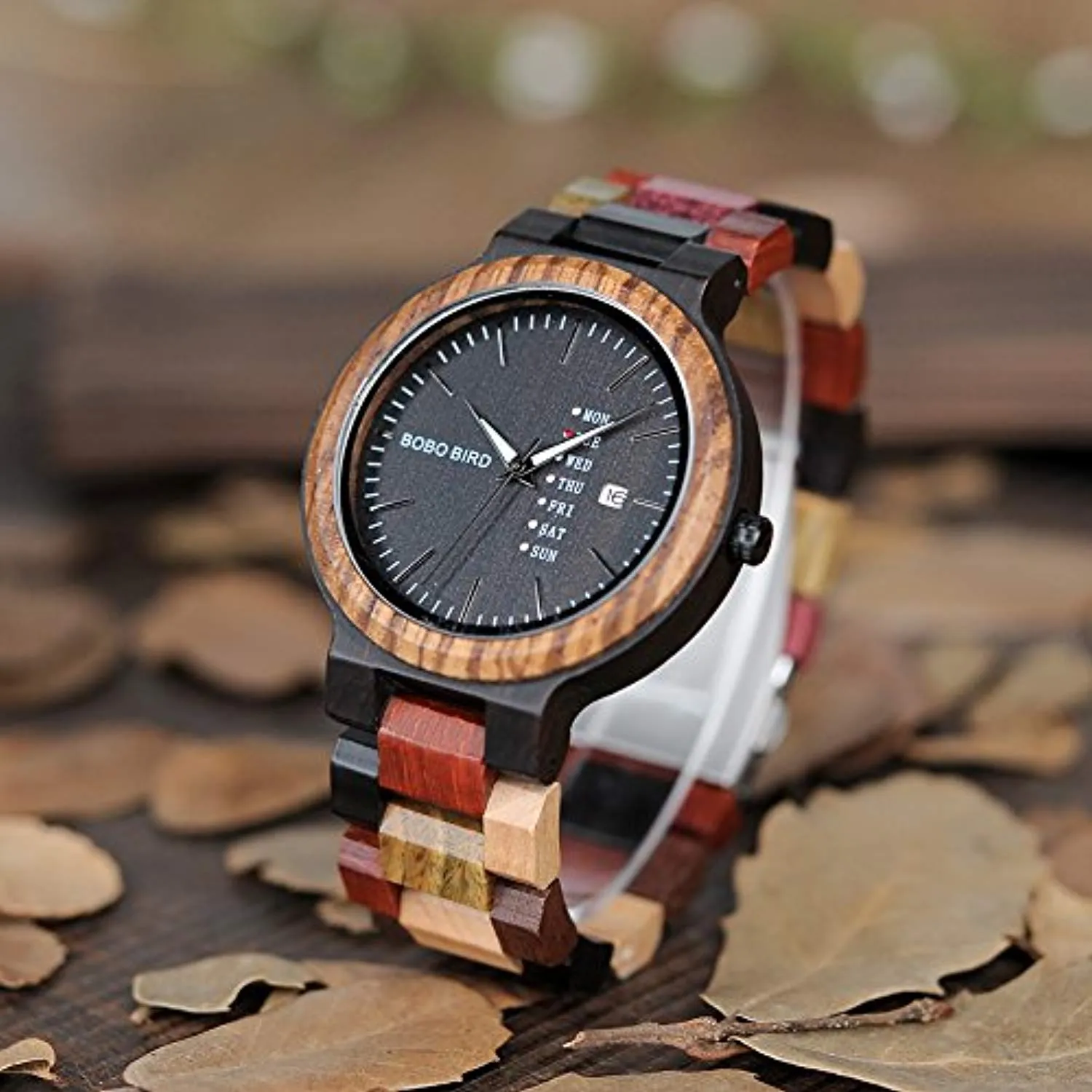 Men's Colorful Wooden Watch, Week & Date Display Quartz Watches Handmade Casual Wood Wrist Watch