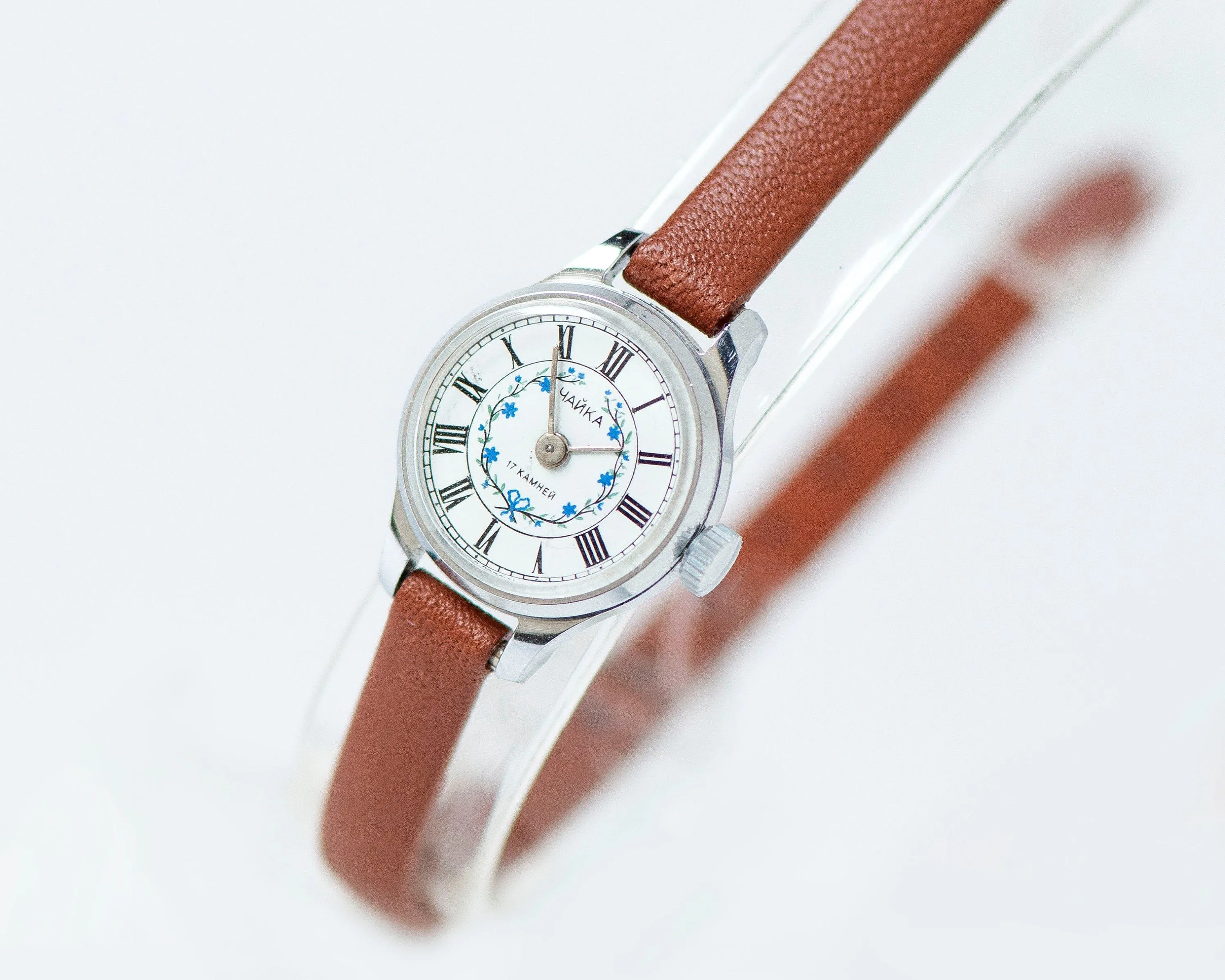 Mint condition blue flowers watch for women Seagull vintage, micro watch boho petite lady watch gift, spring watch, new premium leather band