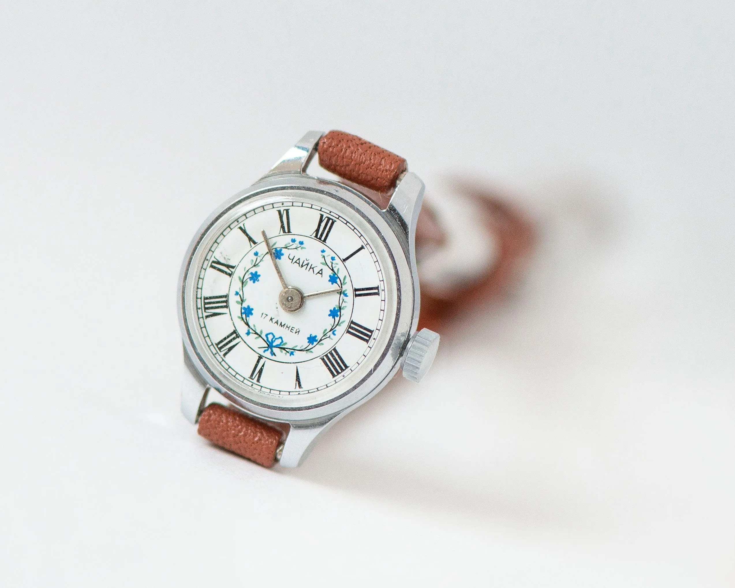 Mint condition blue flowers watch for women Seagull vintage, micro watch boho petite lady watch gift, spring watch, new premium leather band