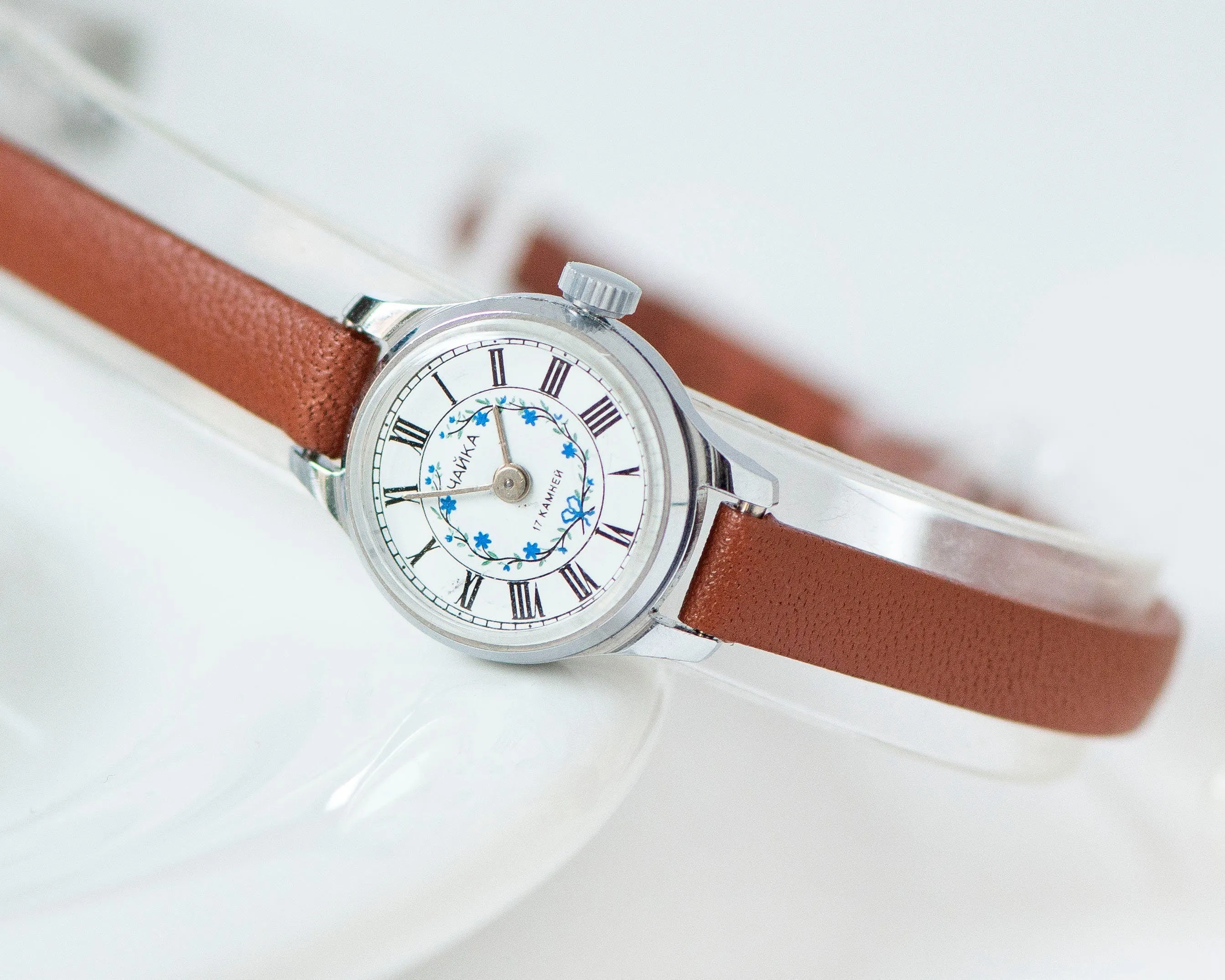 Mint condition blue flowers watch for women Seagull vintage, micro watch boho petite lady watch gift, spring watch, new premium leather band