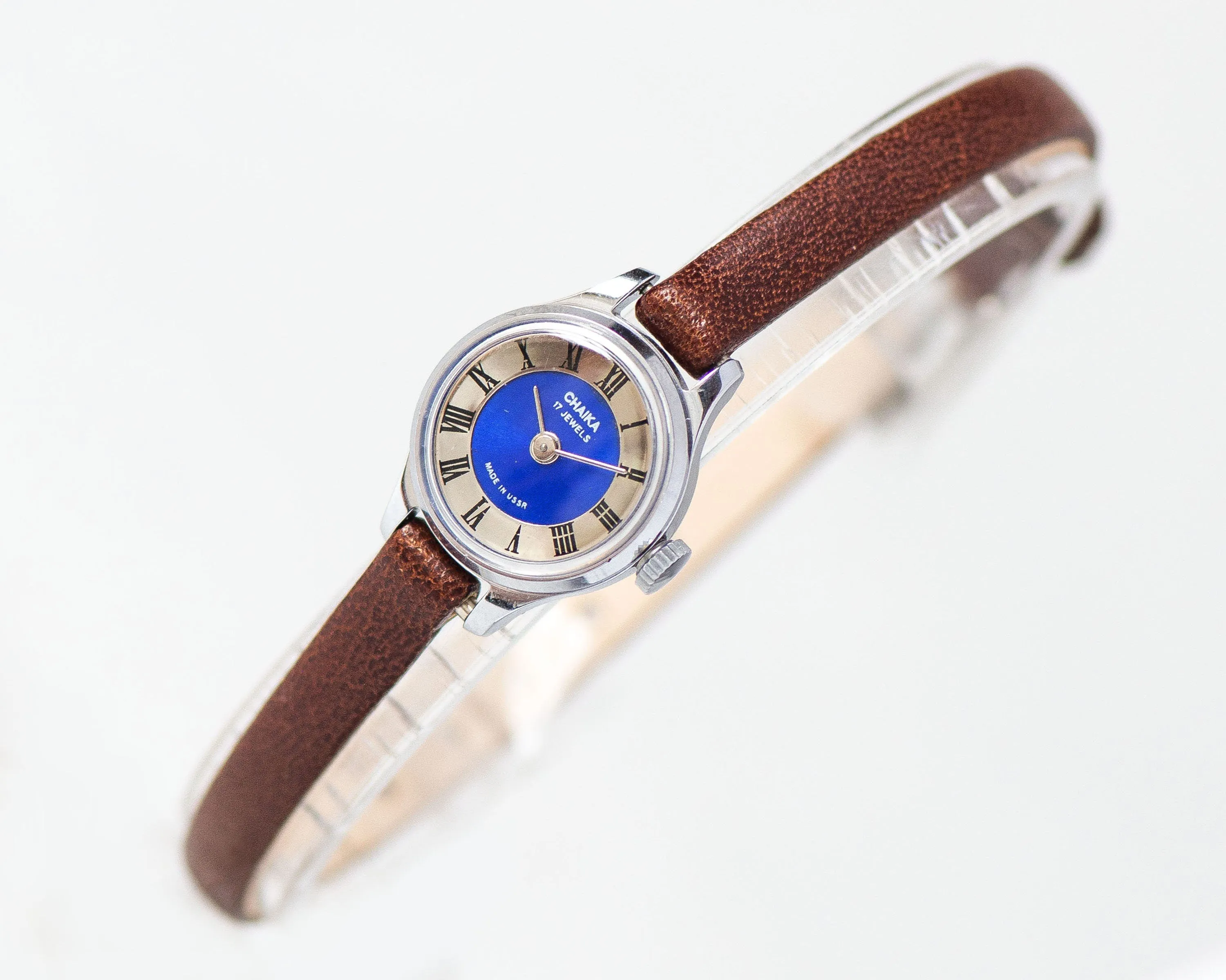 Mint condition women wristwatch navy blue dial Seagull, Roman numerals micro watch for women silver shade vintage, new genuine leather band