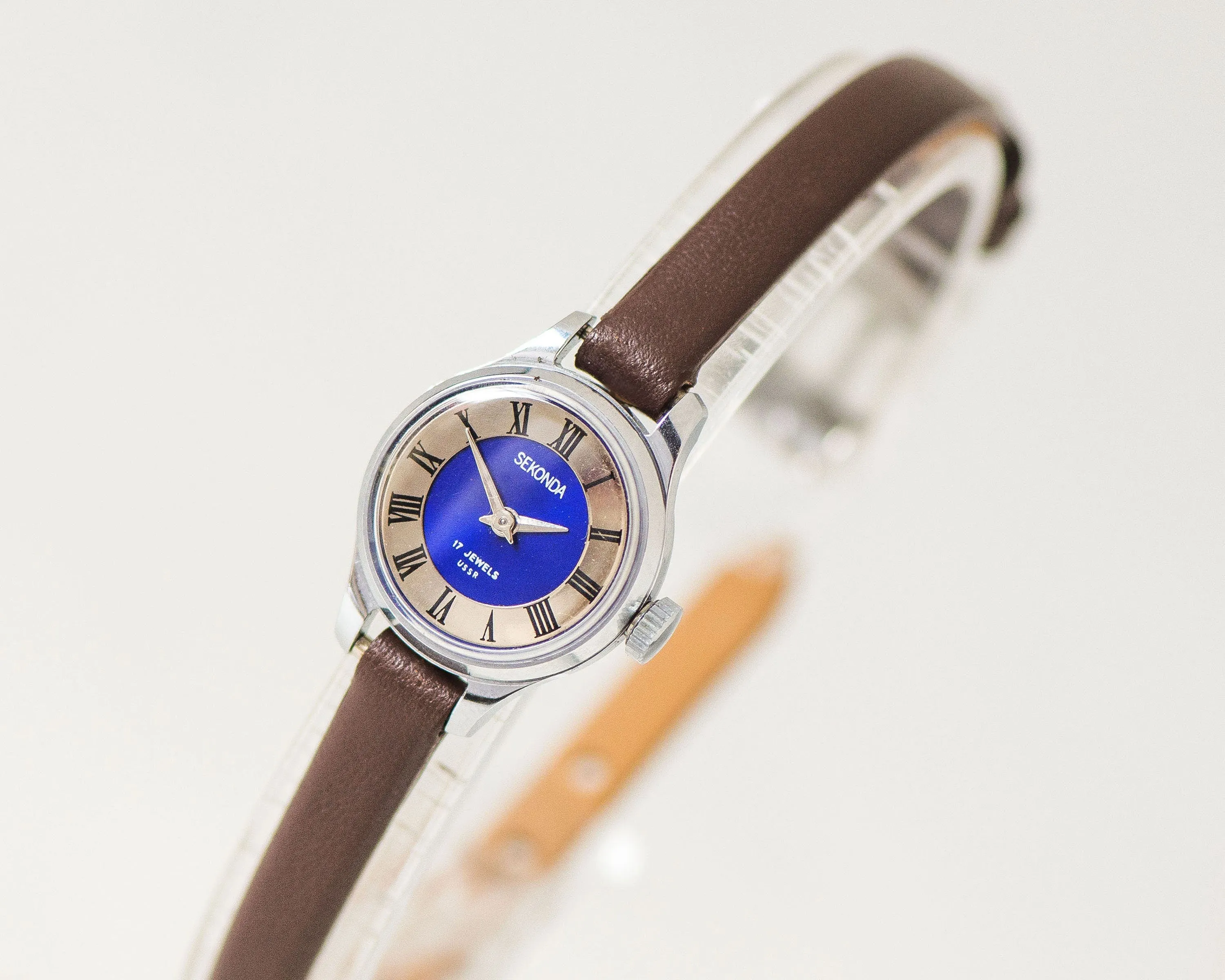 Navy Blue Women Watch Sekonda, Vintage Wristwatch Roman Numerals, Women's Watch Silver Shade Gift Mint Condition, New Genuine Leather Strap