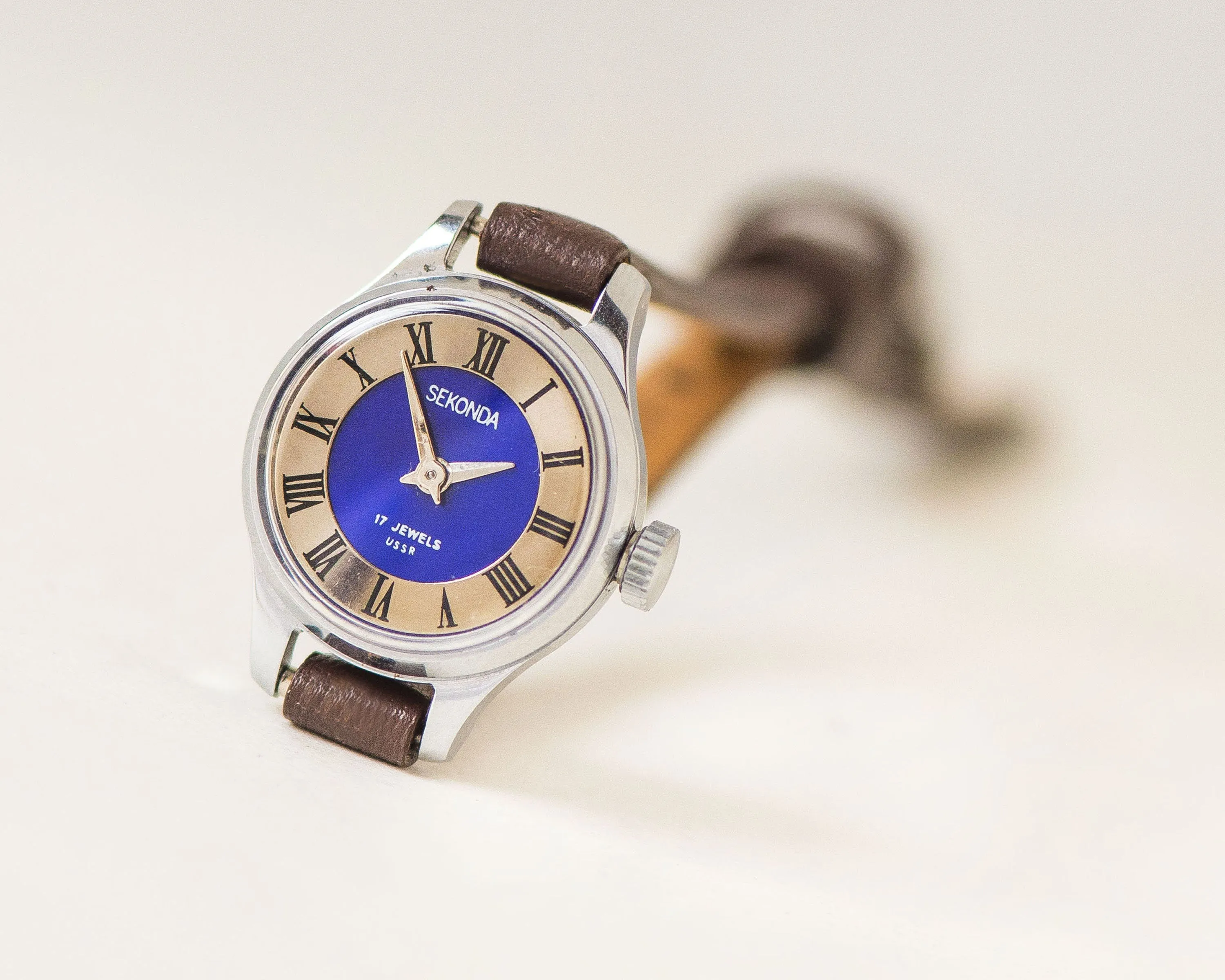 Navy Blue Women Watch Sekonda, Vintage Wristwatch Roman Numerals, Women's Watch Silver Shade Gift Mint Condition, New Genuine Leather Strap