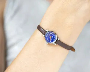 Navy dial women wristwatch very small Seagull, micro watch for women blue vintage, Arabic numerals girl watch gift, new genuine leather band