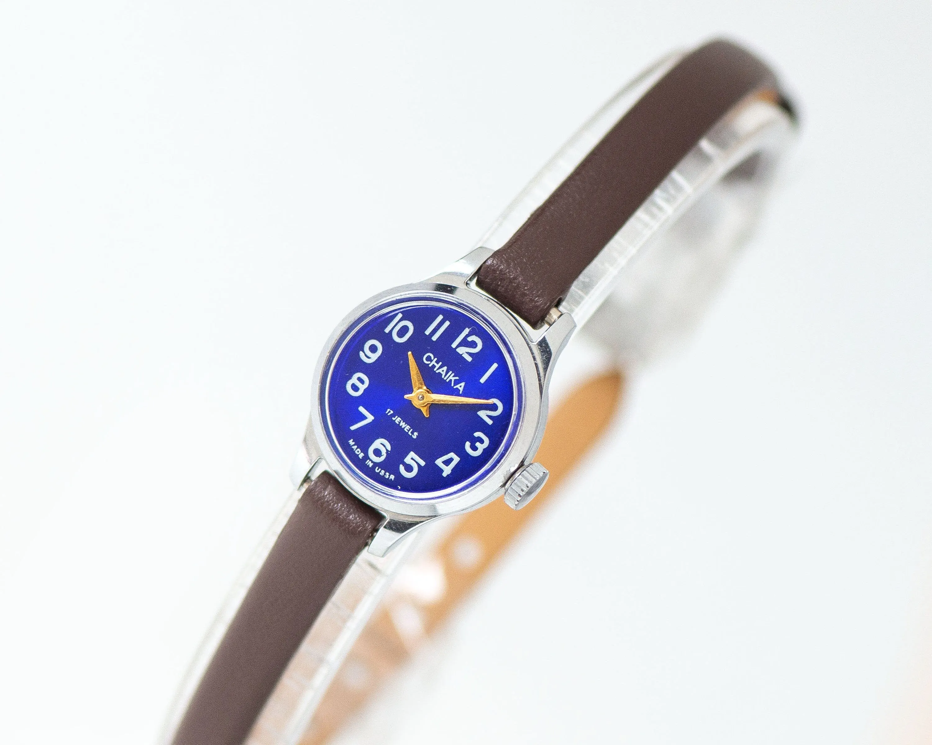 Navy dial women wristwatch very small Seagull, micro watch for women blue vintage, Arabic numerals girl watch gift, new genuine leather band