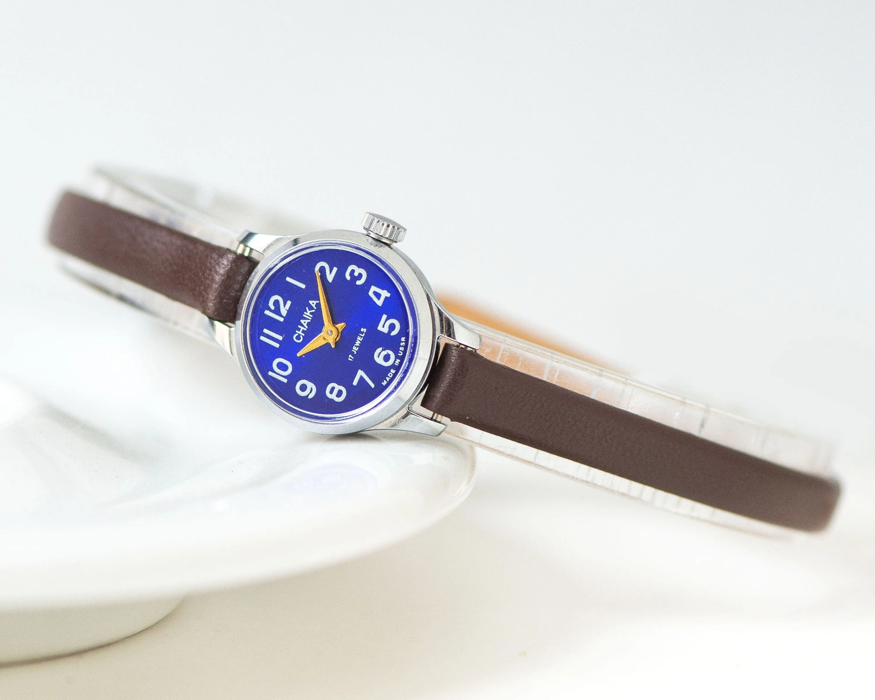 Navy dial women wristwatch very small Seagull, micro watch for women blue vintage, Arabic numerals girl watch gift, new genuine leather band