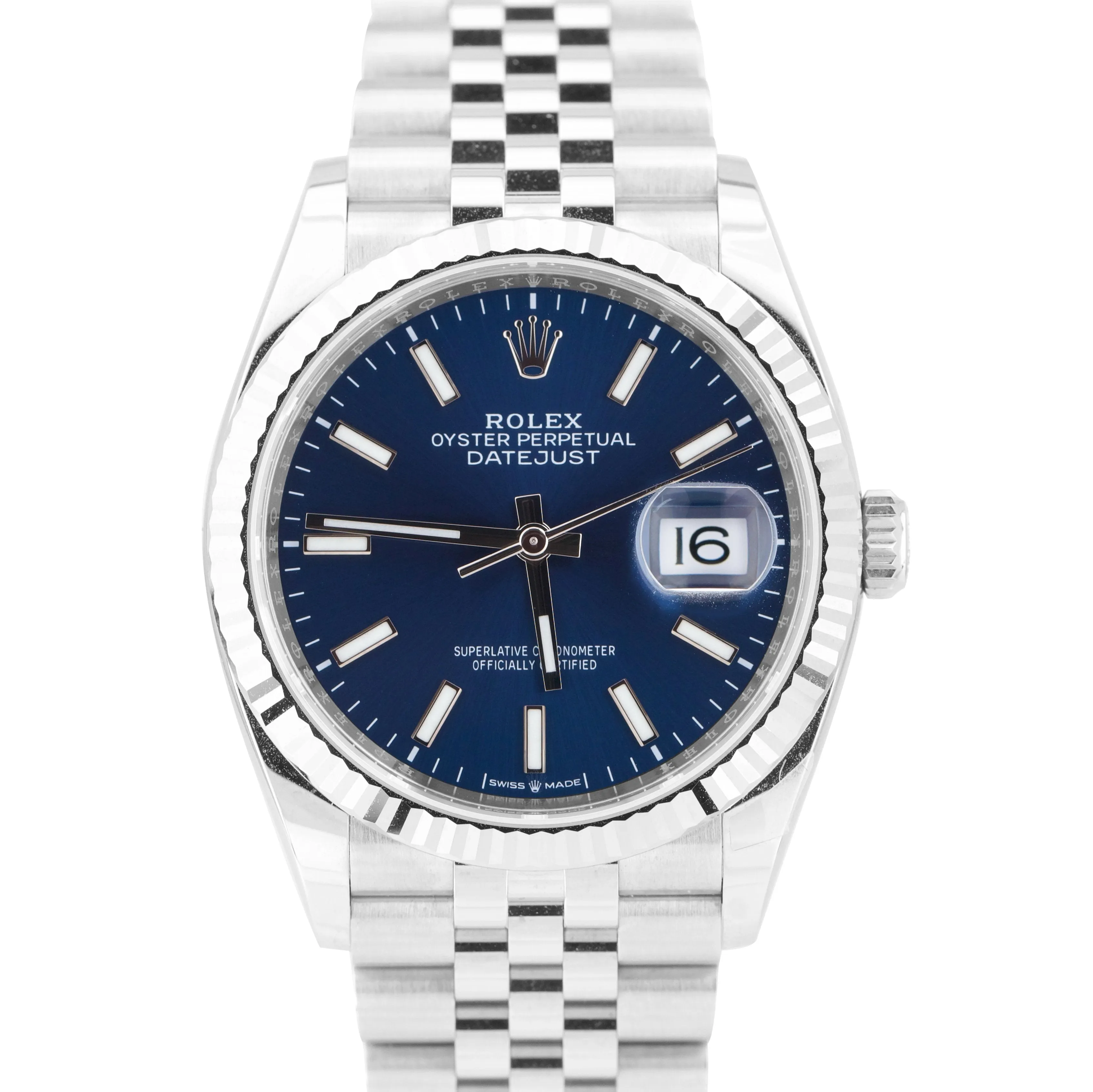 NEW 2021 Rolex DateJust Blue 36mm Fluted Steel White Gold Jubilee Watch 126234