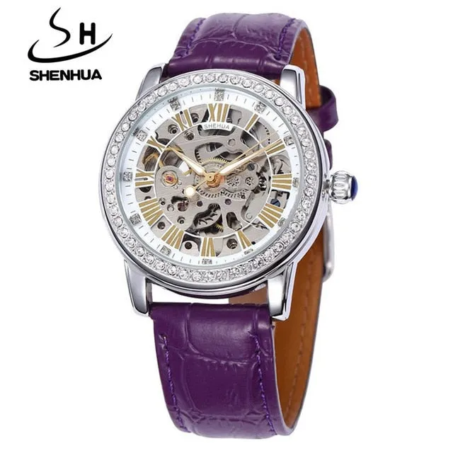 New Automatic Womens Watches Self-Wind Skeleton Watches for Women Luxury Brand Waterproof Mechanical Rhinestone Watches Leather