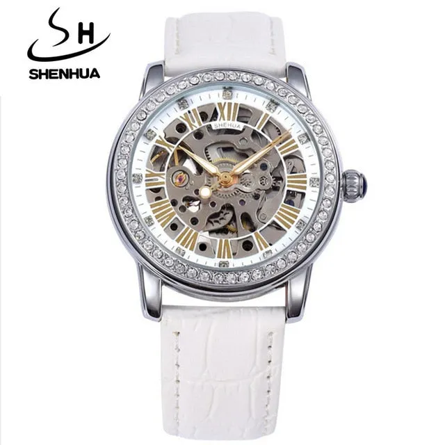 New Automatic Womens Watches Self-Wind Skeleton Watches for Women Luxury Brand Waterproof Mechanical Rhinestone Watches Leather