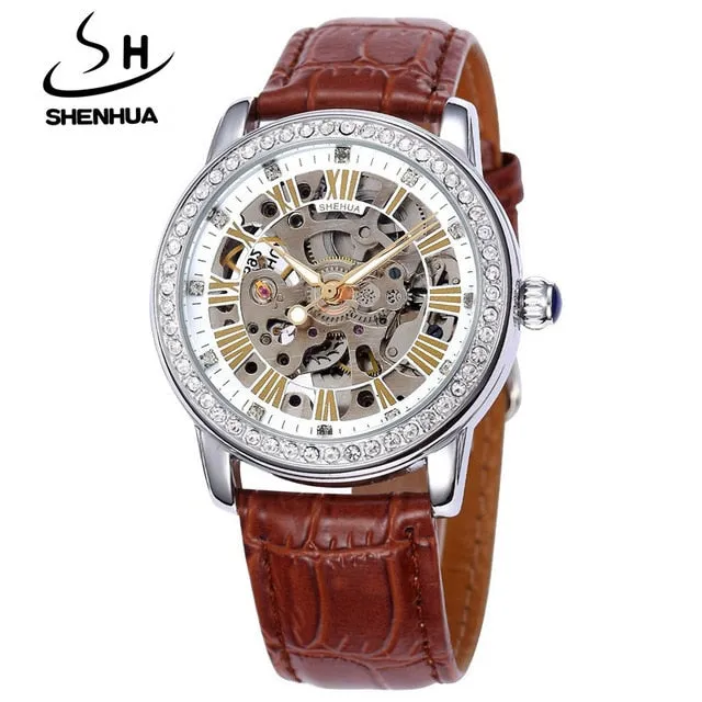 New Automatic Womens Watches Self-Wind Skeleton Watches for Women Luxury Brand Waterproof Mechanical Rhinestone Watches Leather