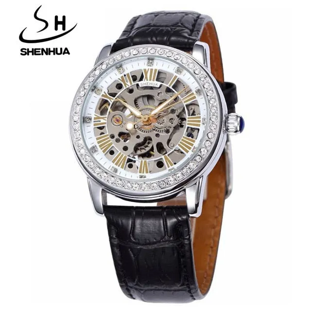 New Automatic Womens Watches Self-Wind Skeleton Watches for Women Luxury Brand Waterproof Mechanical Rhinestone Watches Leather