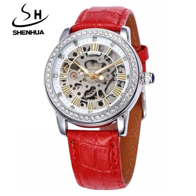 New Automatic Womens Watches Self-Wind Skeleton Watches for Women Luxury Brand Waterproof Mechanical Rhinestone Watches Leather