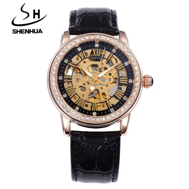 New Automatic Womens Watches Self-Wind Skeleton Watches for Women Luxury Brand Waterproof Mechanical Rhinestone Watches Leather
