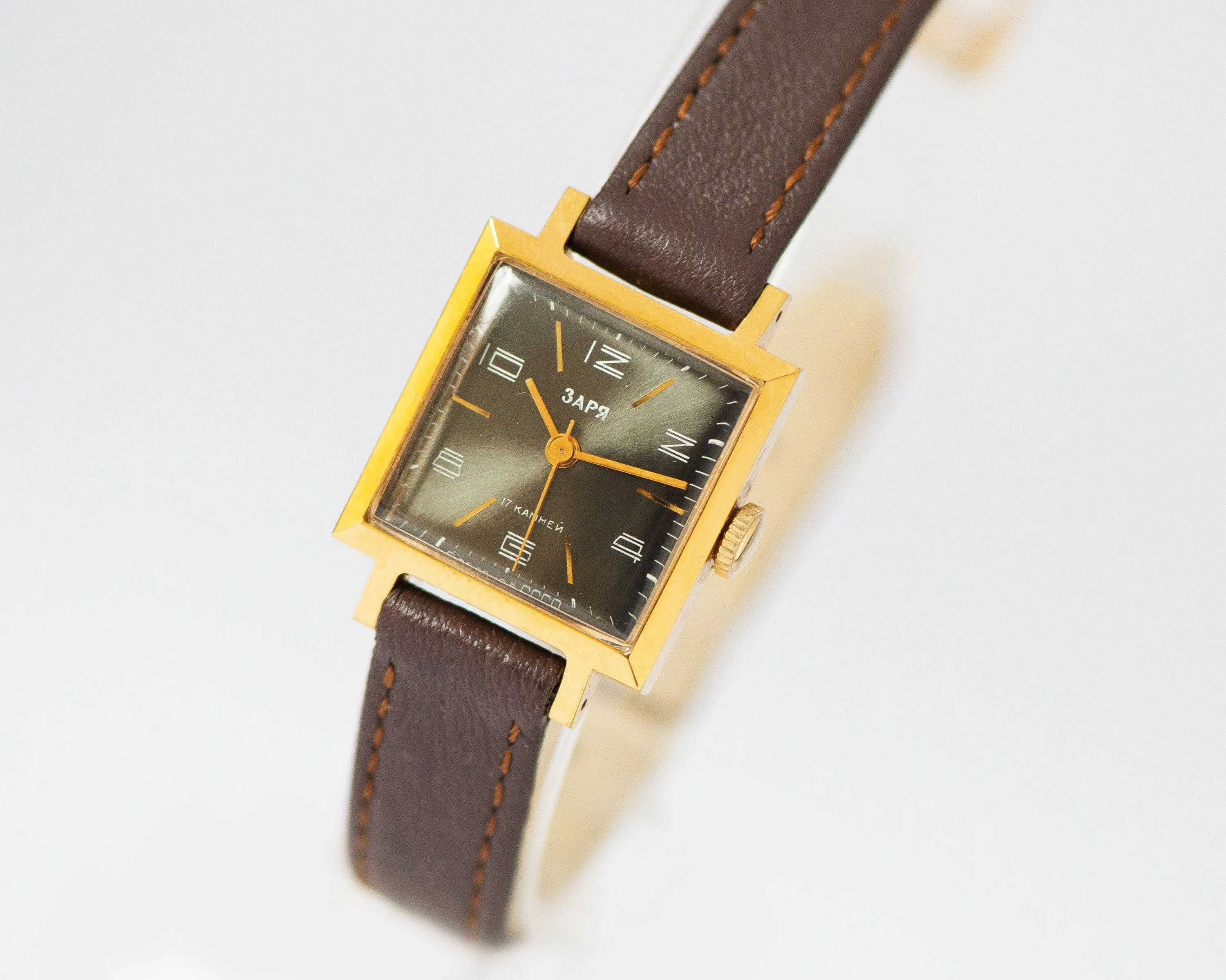 New old stock black women's watch Dawn, gold plated square wristwatch for women vintage, unused lady watch gift, new premium leather strap
