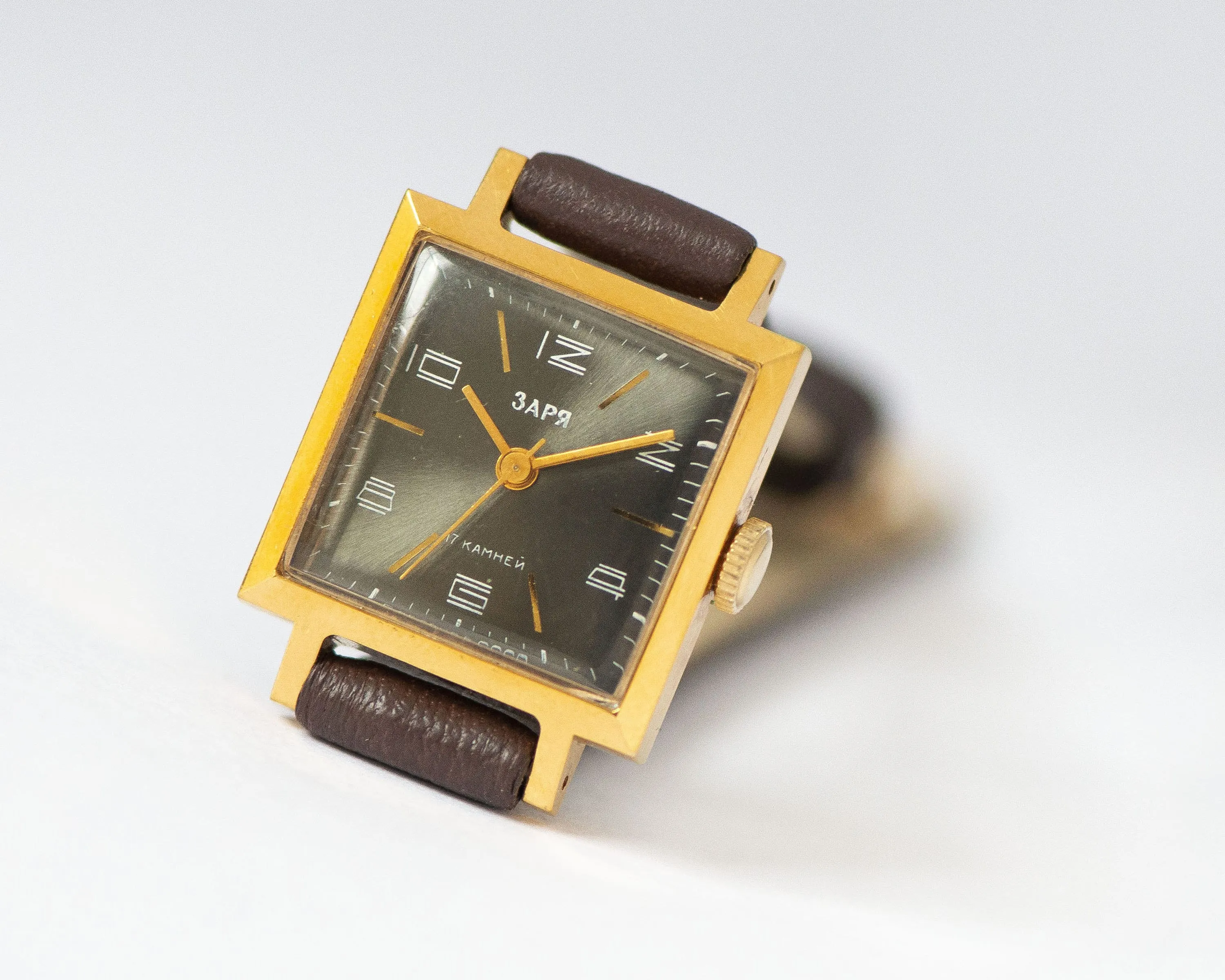 New old stock black women's watch Dawn, gold plated square wristwatch for women vintage, unused lady watch gift, new premium leather strap