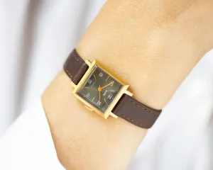 New old stock black women's watch Dawn, gold plated square wristwatch for women vintage, unused lady watch gift, new premium leather strap