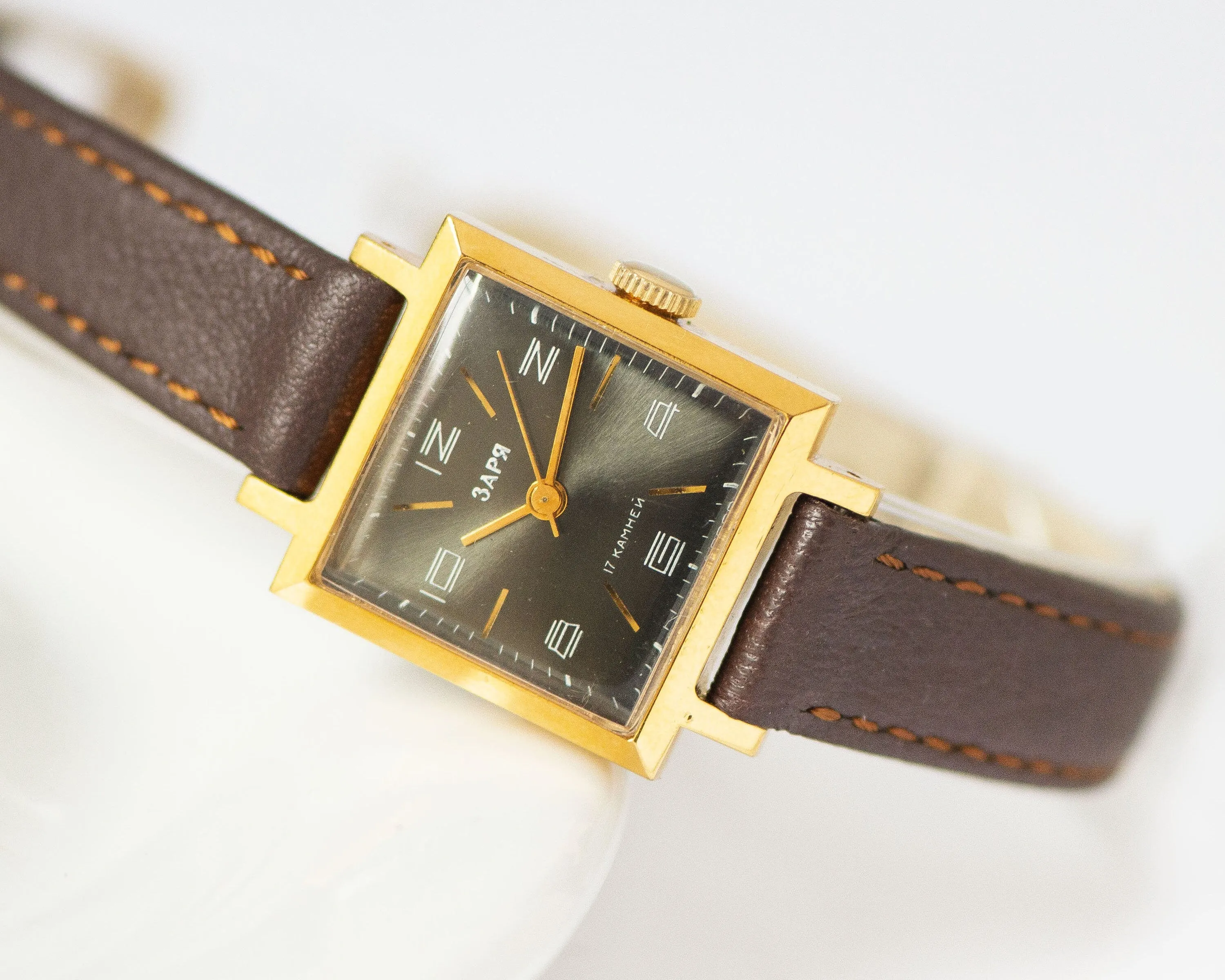 New old stock black women's watch Dawn, gold plated square wristwatch for women vintage, unused lady watch gift, new premium leather strap