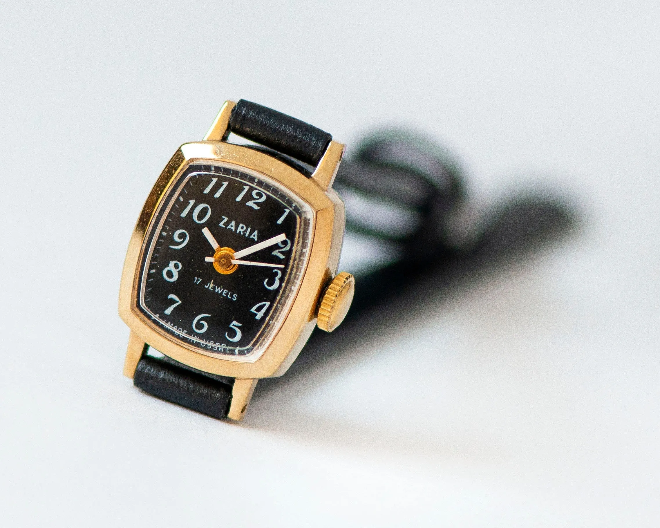 New old stock women watch black Dawn vintage, square watch small gold plated lady jewelry gift, minimalist watch, new premium leather strap