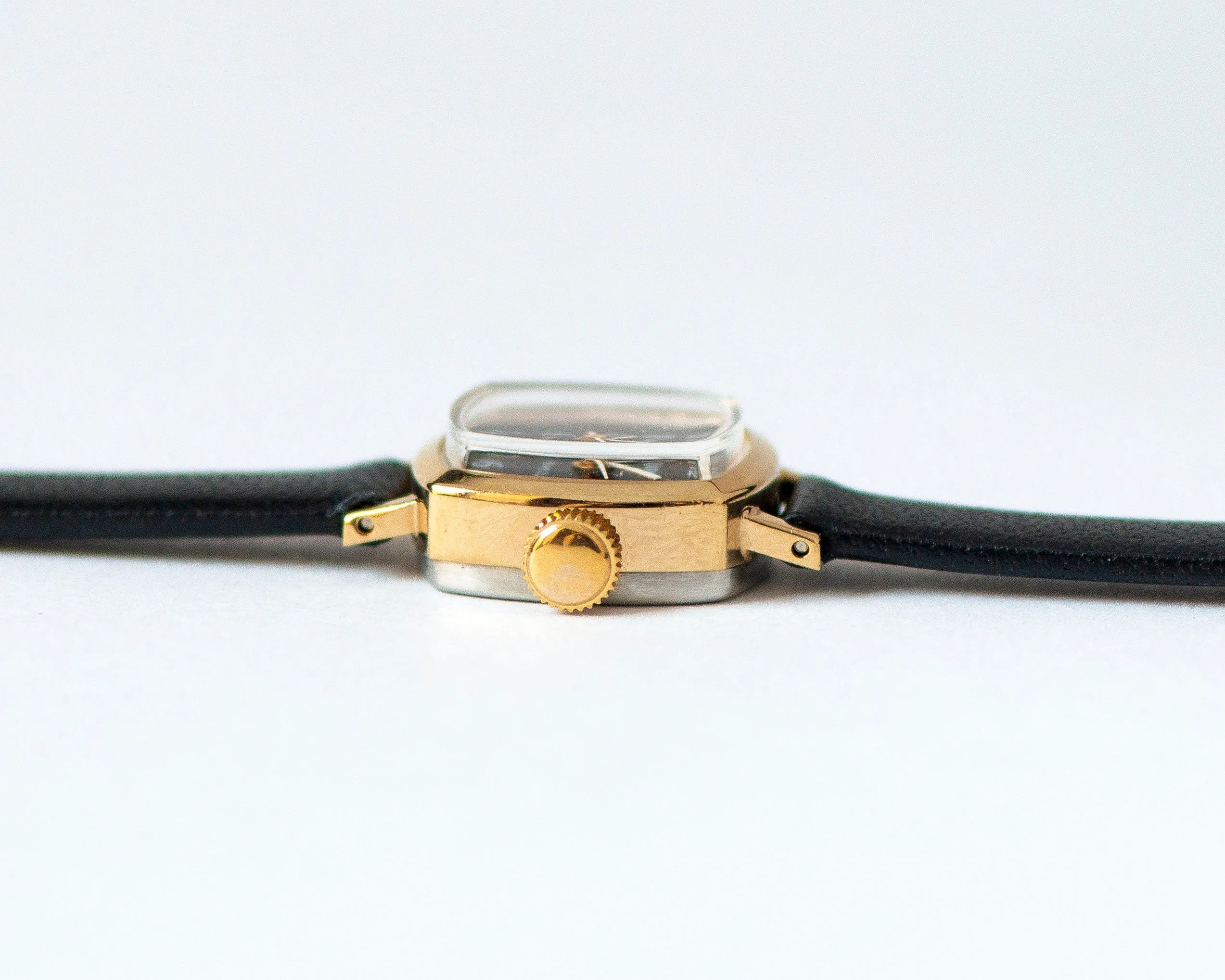 New old stock women watch black Dawn vintage, square watch small gold plated lady jewelry gift, minimalist watch, new premium leather strap