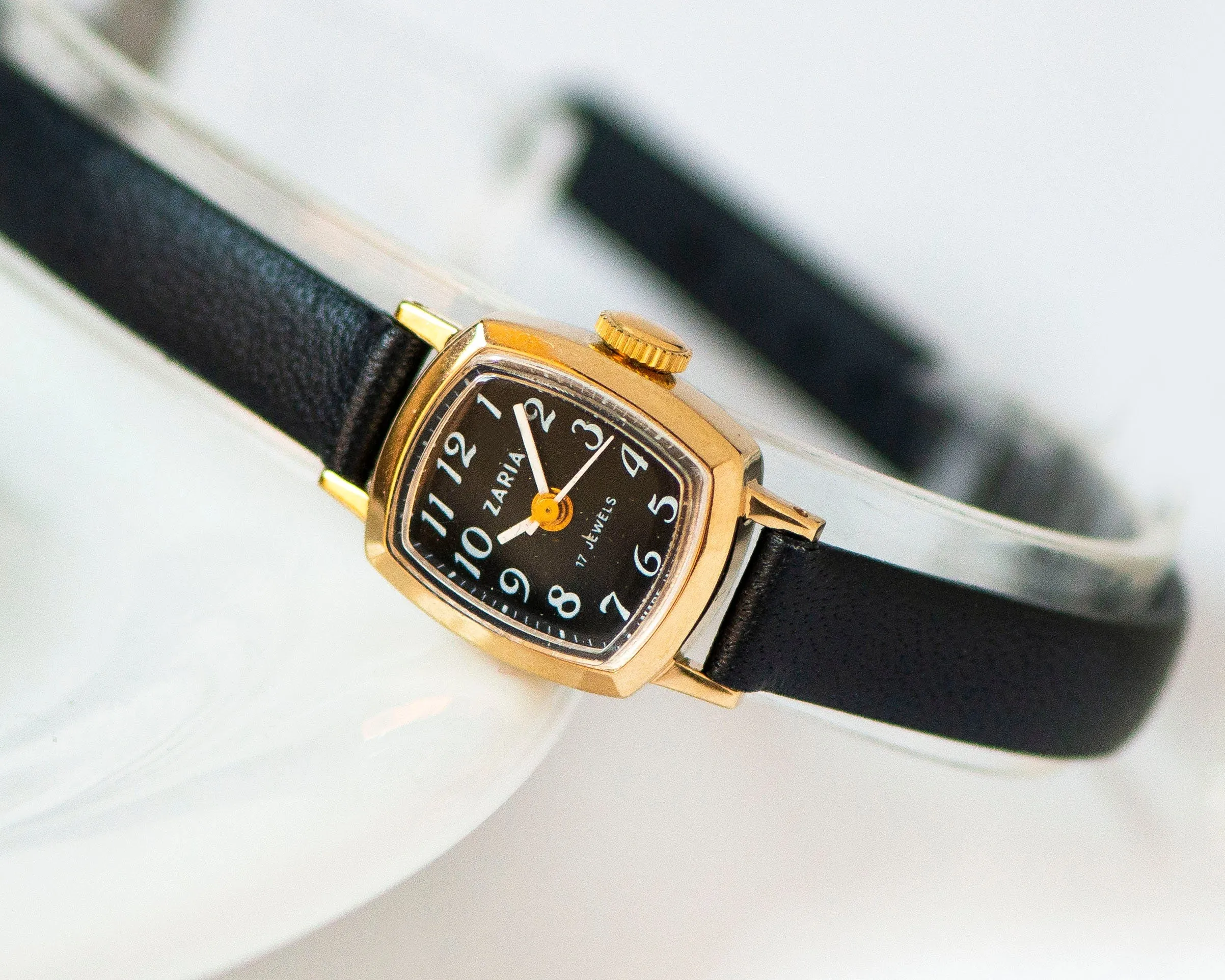 New old stock women watch black Dawn vintage, square watch small gold plated lady jewelry gift, minimalist watch, new premium leather strap