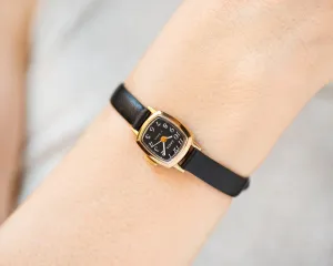 New old stock women watch black Dawn vintage, square watch small gold plated lady jewelry gift, minimalist watch, new premium leather strap