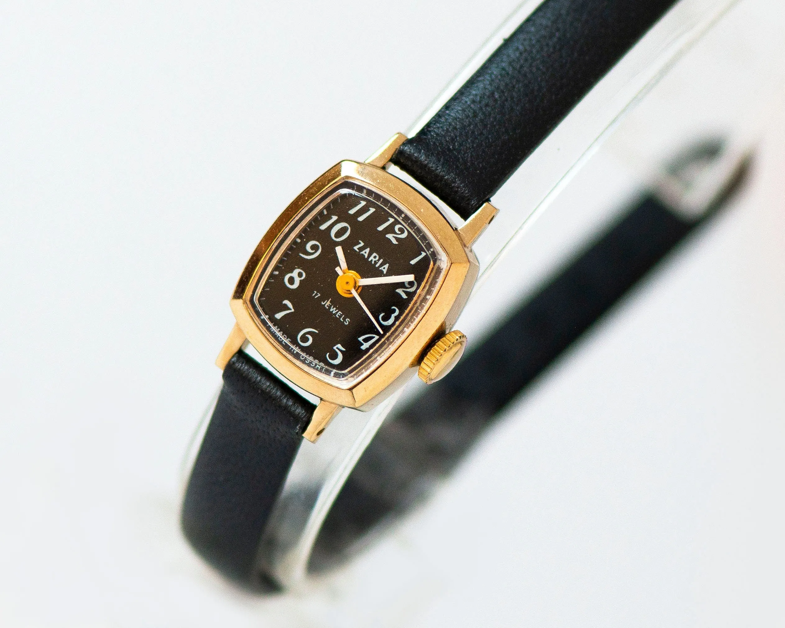 New old stock women watch black Dawn vintage, square watch small gold plated lady jewelry gift, minimalist watch, new premium leather strap