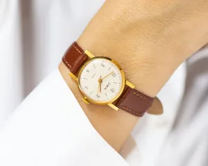 New old stock women watch Dawn gold plated, women wristwatch classic vintage gift, dress watch for women business, new genuine leather strap