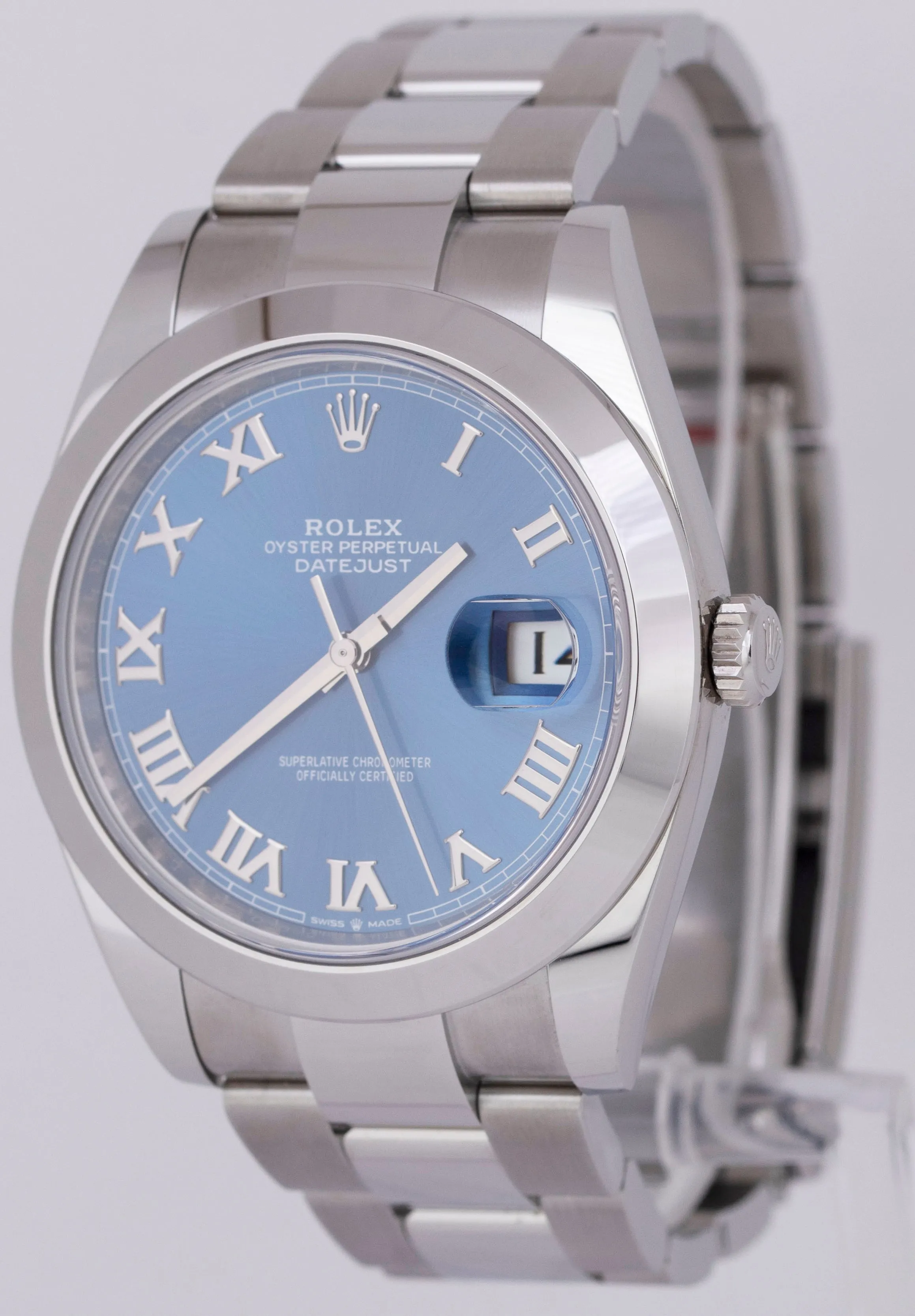 NEW PAPERS Rolex DateJust 41 Azzurro Blue Roman Steel Oyster Watch 126300 B P