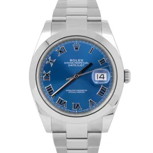 NEW PAPERS Rolex DateJust 41 Azzurro Blue Roman Steel Oyster Watch 126300 B P