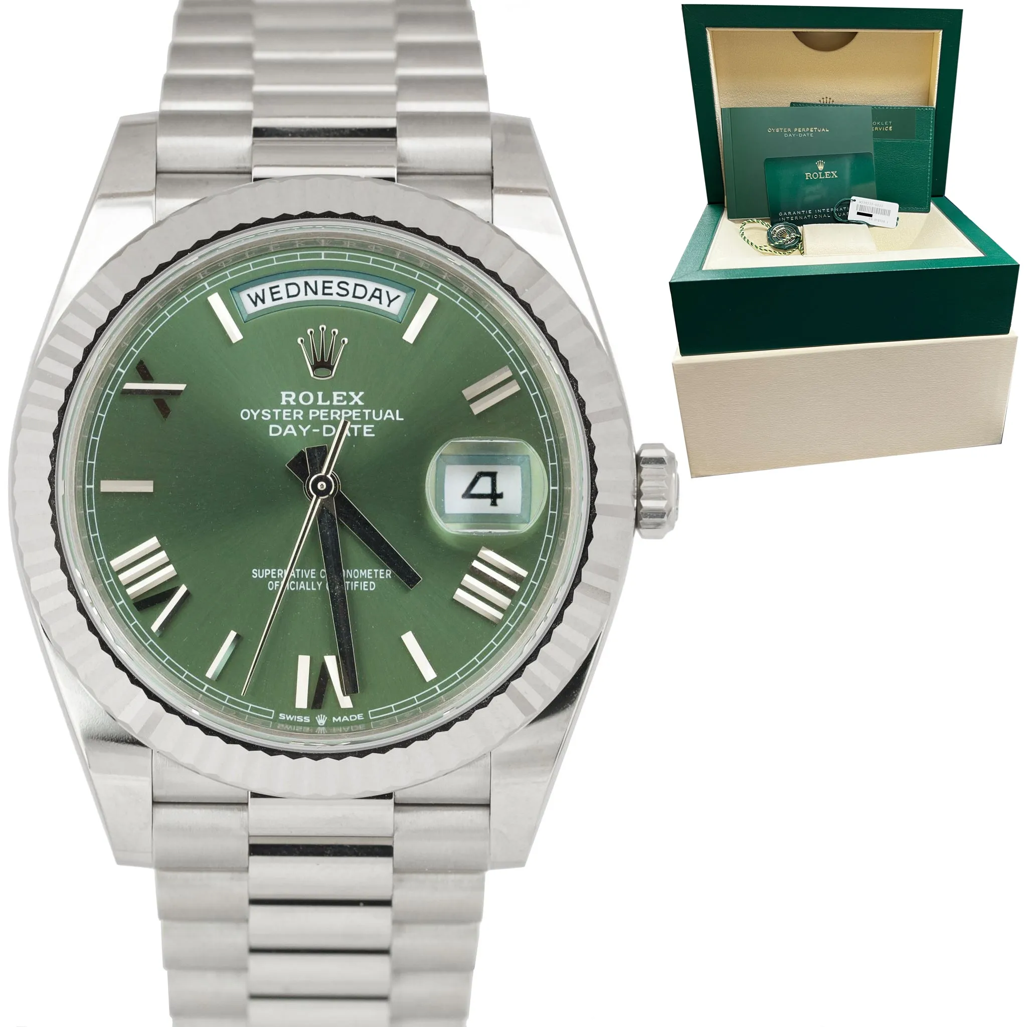 NEW SEPT 2022 Rolex Day-Date 40mm OLIVE Green President 18K White Gold 228239