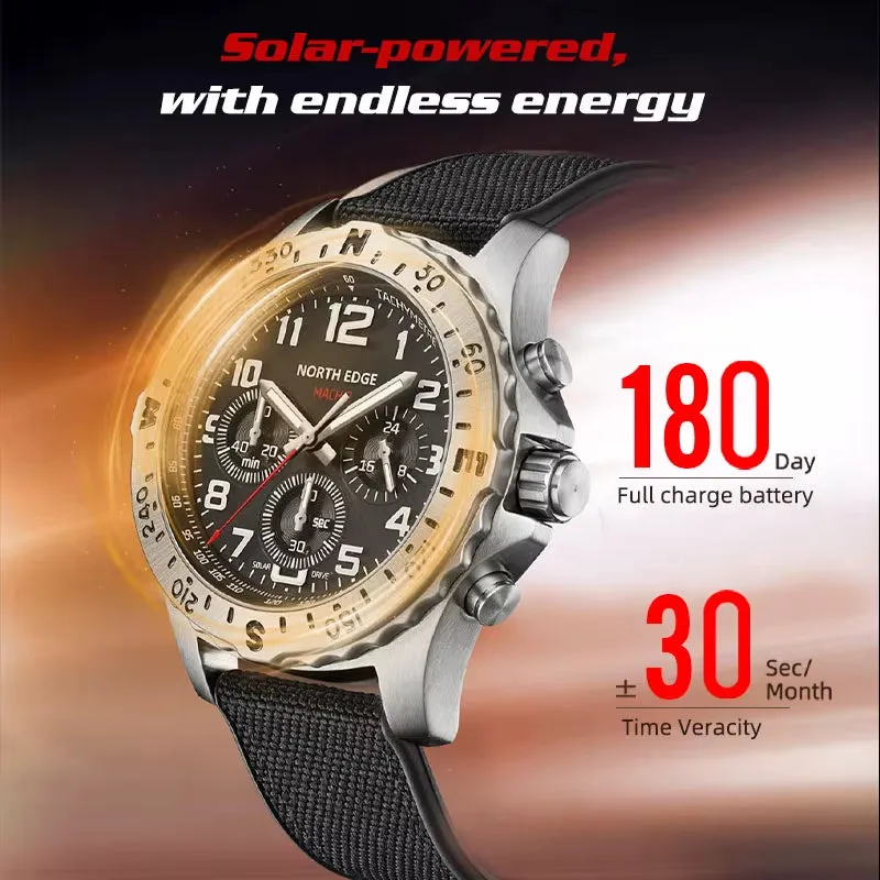 North Edge MACH 2 Men's Solar Watch with Backlight, Waterproof Design & Luminous Hands