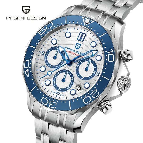 Pagani Design Silver Stainless Steel Black Dial Chronograph Quartz Watch for Gents - PD1713
