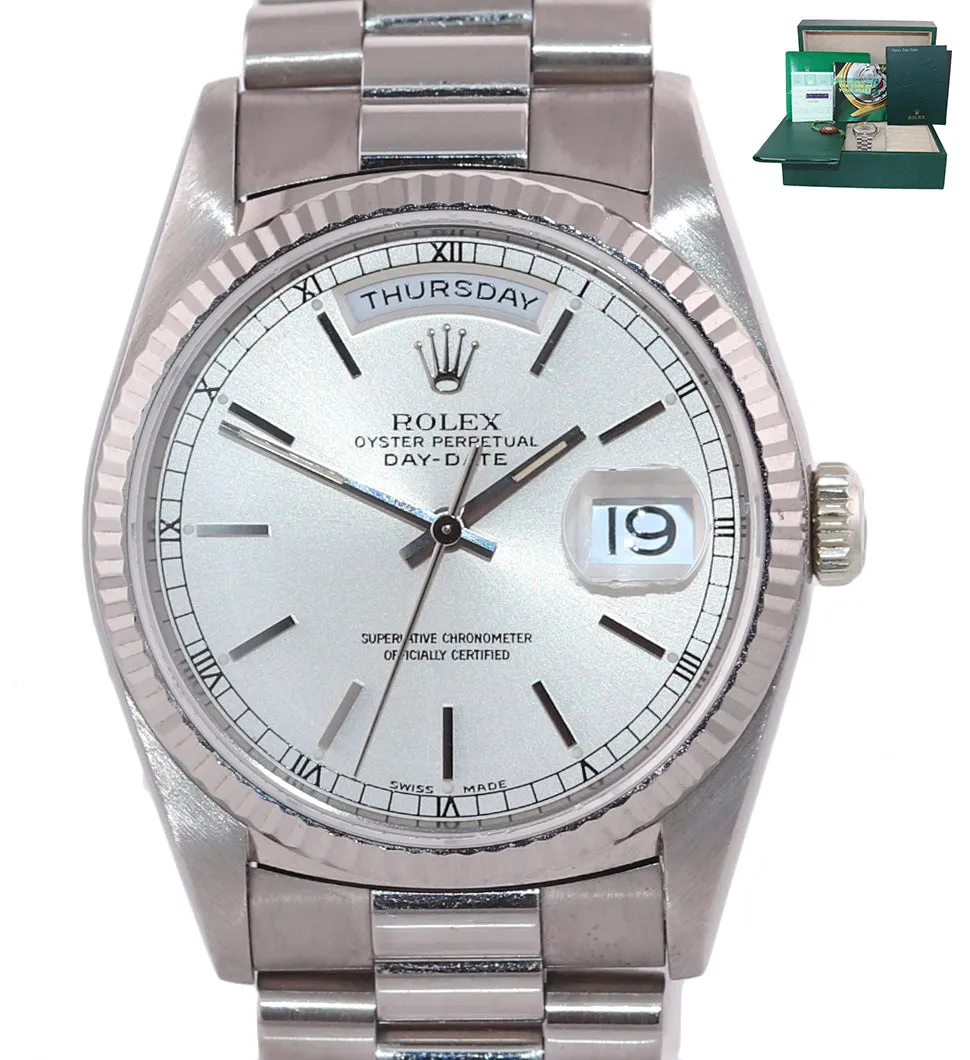 PAPERS Rolex Day-Date President 18239 18K White Gold 36mm Silver Watch Box