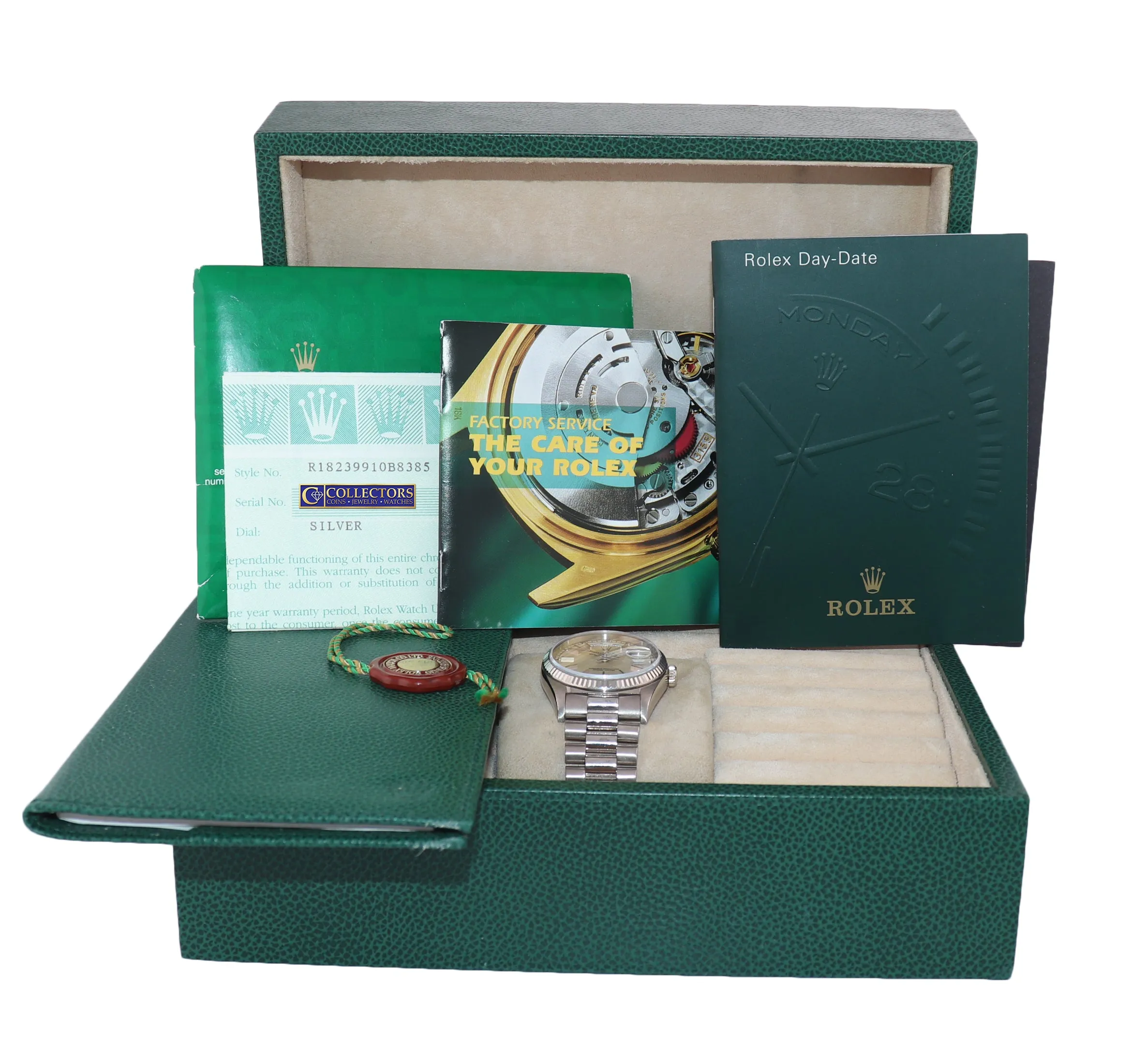 PAPERS Rolex Day-Date President 18239 18K White Gold 36mm Silver Watch Box