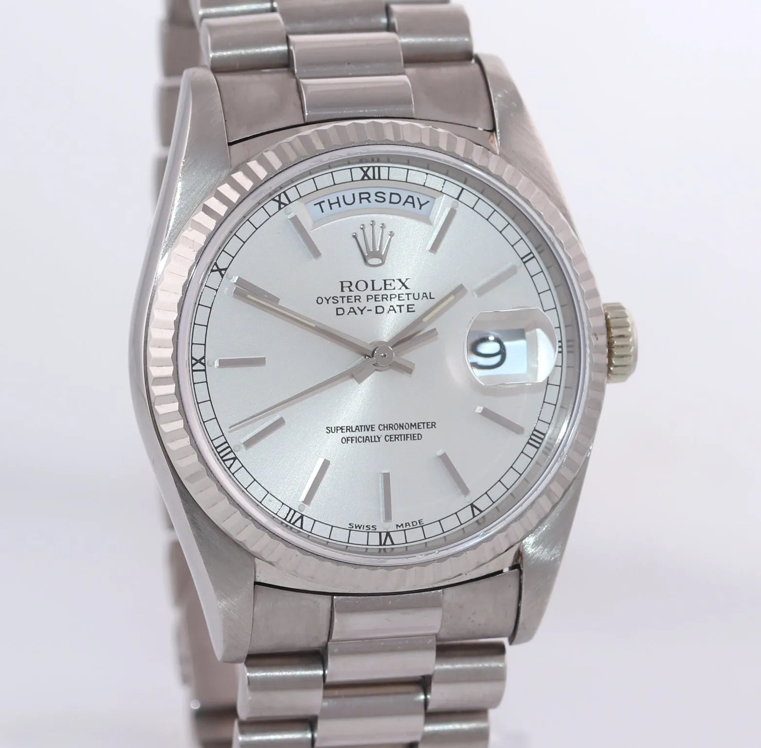 PAPERS Rolex Day-Date President 18239 18K White Gold 36mm Silver Watch Box
