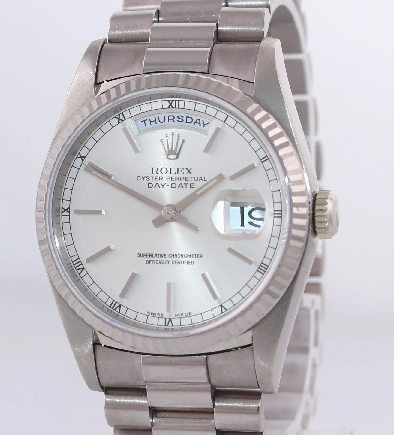 PAPERS Rolex Day-Date President 18239 18K White Gold 36mm Silver Watch Box