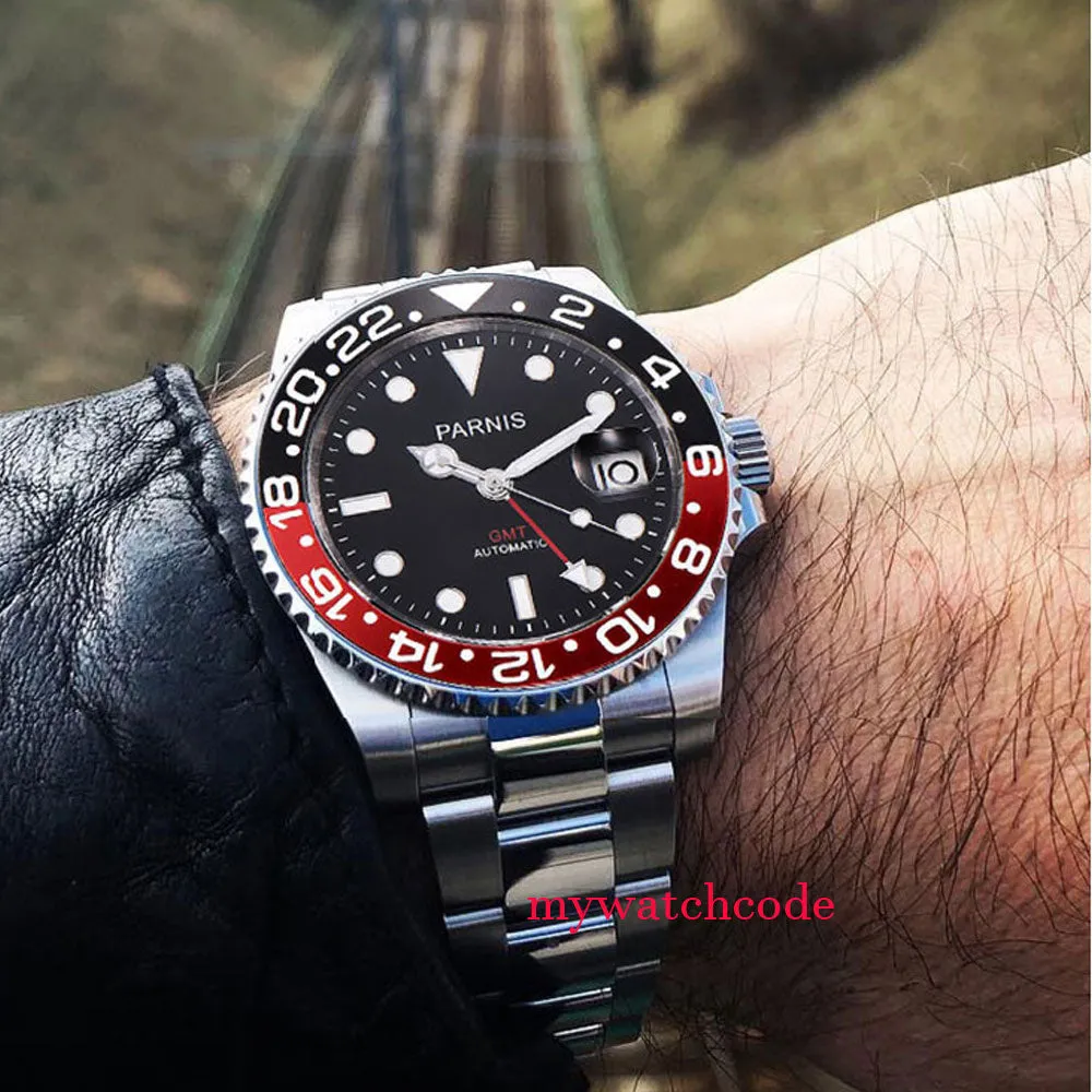 Parnis Mechanical Black Red Ceramic Bezel GMT Automatic Mens Watch