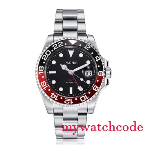 Parnis Mechanical Black Red Ceramic Bezel GMT Automatic Mens Watch